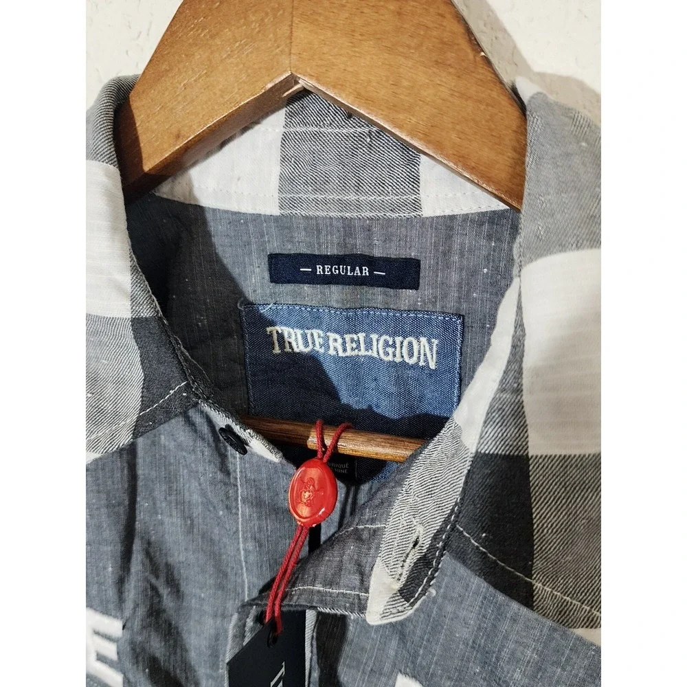True Religion Men Shirts Plaid Black Grey Checker Gray small new w tag. bin 32